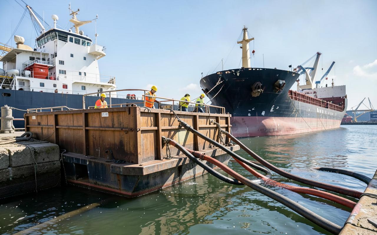 Bunker barge alongside during fuel transfer