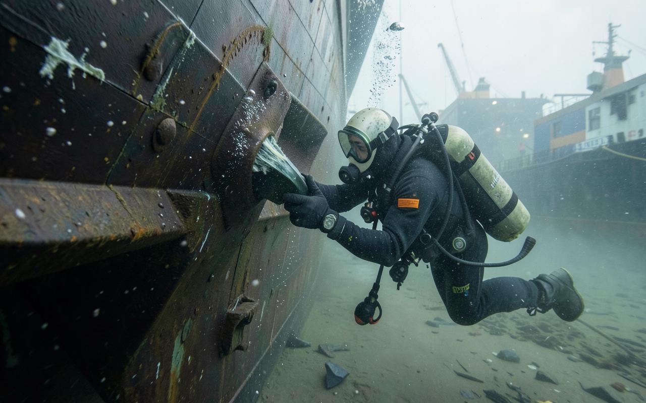 Commercial diver inspecting the hull underwater