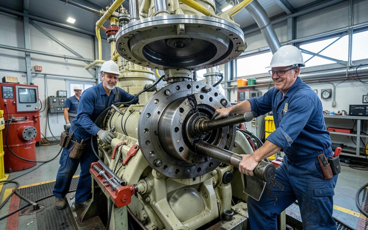 Main engine overhaul in the engine room